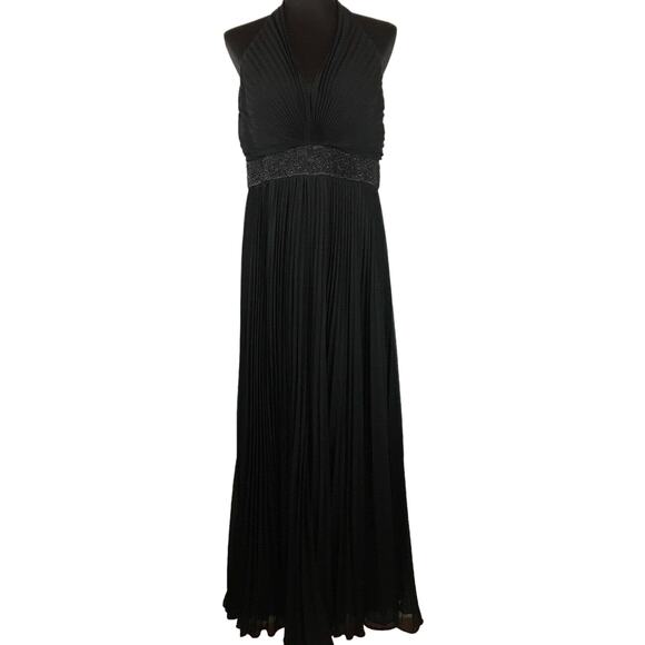 Carmen Marc Valvo Plisse Jumpsuit 14 Black Beaded Belt Wide Pleated Leg V Neck - Picture 1 of 10